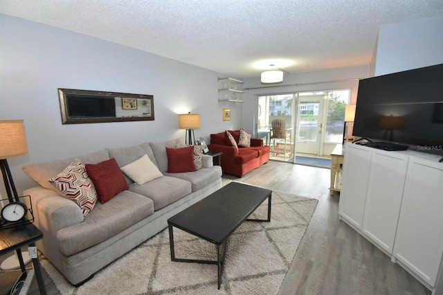 living room featuring light hardwood / wood-style floors and a textured ceiling