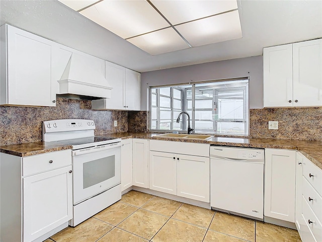 kitchen featuring white cabinetry, white appliances, sink, and custom range hood