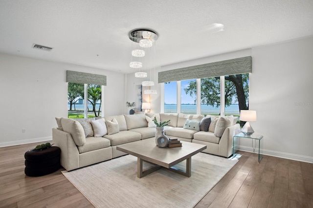 living room with a water view, light wood-type flooring, and a wealth of natural light