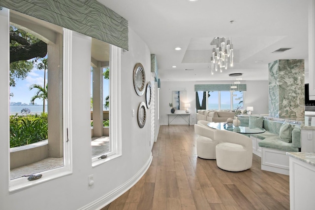 corridor featuring a water view, a raised ceiling, and light hardwood / wood-style floors