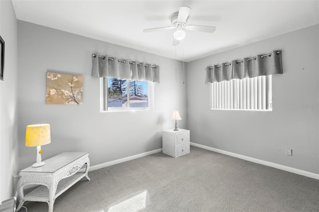 interior space with ceiling fan and carpet