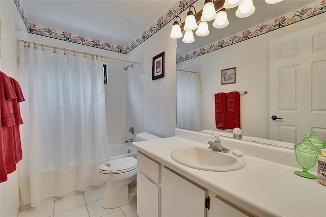 full bathroom with tile patterned floors, toilet, shower / tub combo, and vanity