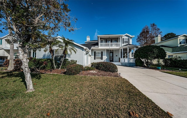 view of front facade with a front lawn, a balcony, and a porch