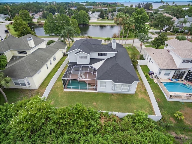 bird's eye view with a water view