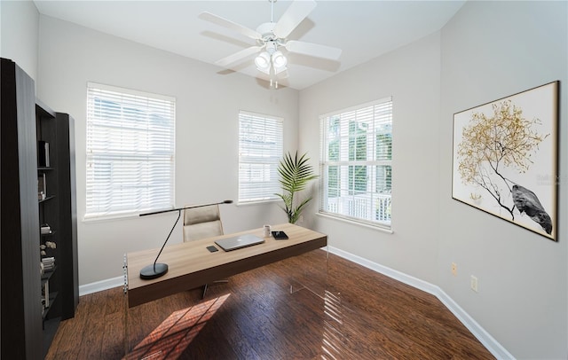 office area with dark hardwood / wood-style floors and ceiling fan