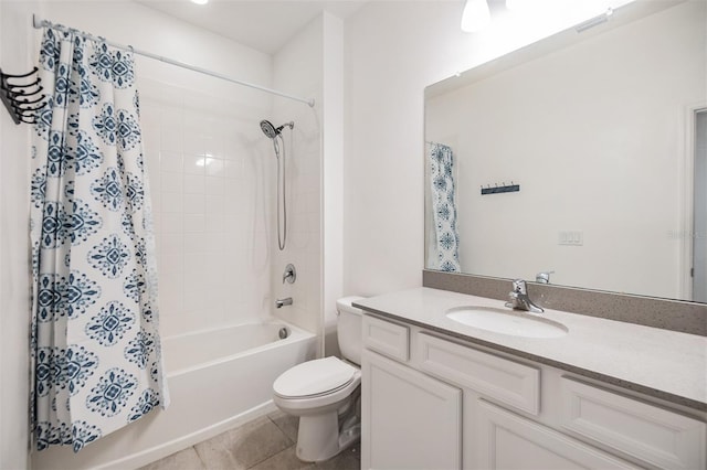 full bathroom with shower / bath combo, toilet, tile patterned flooring, and vanity