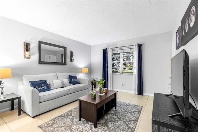 tiled living room with a textured ceiling