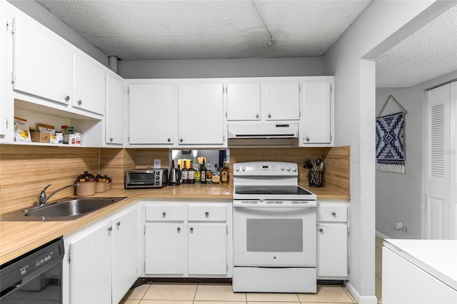 kitchen with black dishwasher, a textured ceiling, white cabinetry, white electric range oven, and sink