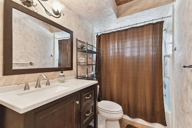 full bathroom with vanity, toilet, and shower / bath combination with curtain