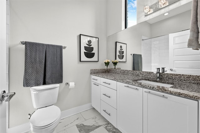 bathroom with a shower, toilet, and vanity