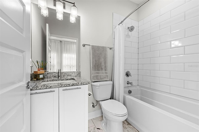 full bathroom featuring toilet, shower / bath combination with curtain, and vanity