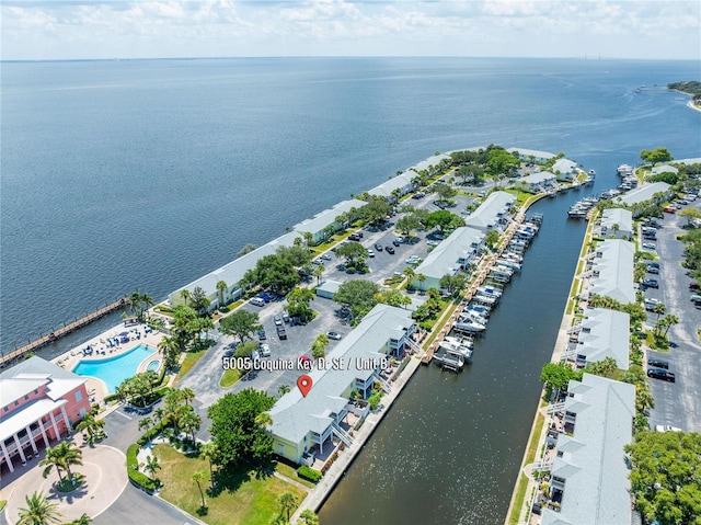 bird's eye view with a water view