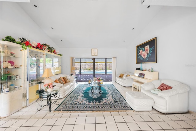 tiled living room with lofted ceiling