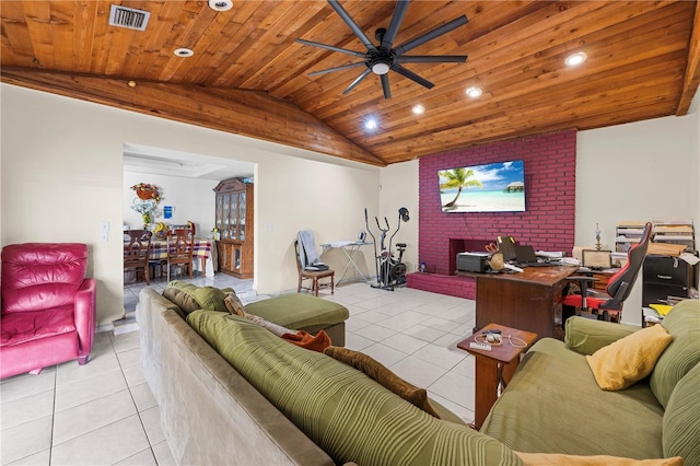 living room featuring wood ceiling, ceiling fan, lofted ceiling, and light tile patterned flooring