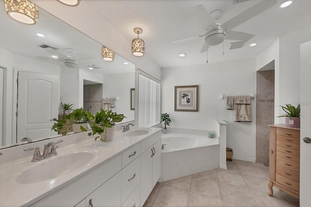 bathroom featuring tile patterned flooring, vanity, shower with separate bathtub, and ceiling fan