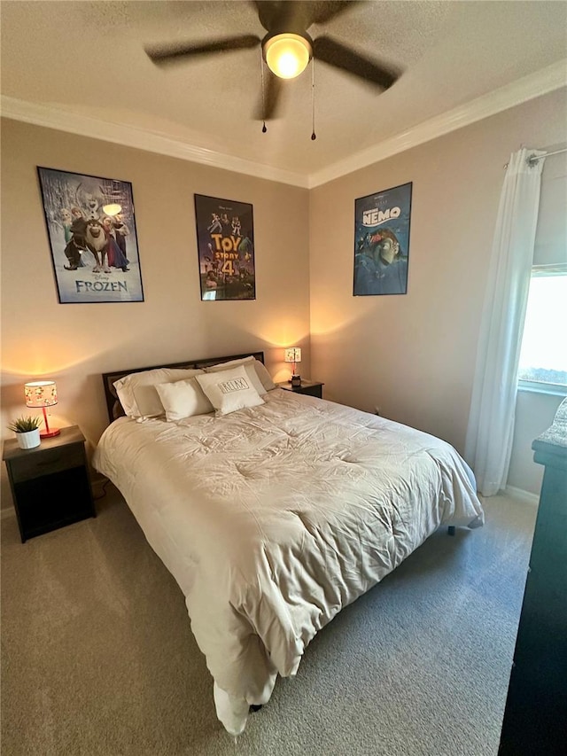 carpeted bedroom featuring crown molding, a textured ceiling, and ceiling fan