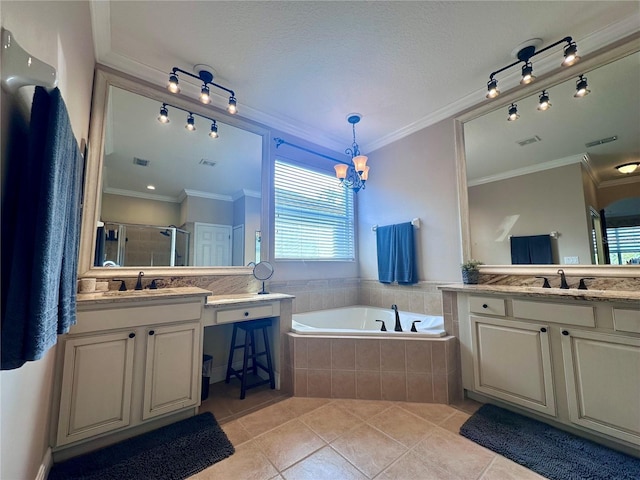 bathroom with independent shower and bath, vanity, tile patterned floors, and ornamental molding