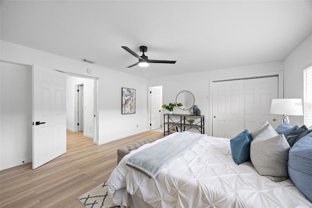 bedroom with light wood-type flooring, a closet, and ceiling fan