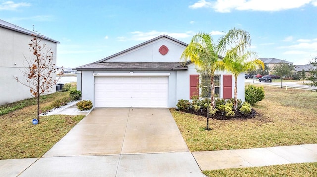 single story home with a garage, central AC unit, and a front lawn