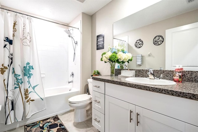 full bathroom with vanity, tile patterned flooring, shower / bath combination with curtain, and toilet