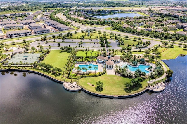 drone / aerial view featuring a water view