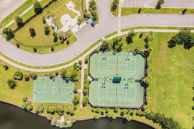 birds eye view of property featuring a water view