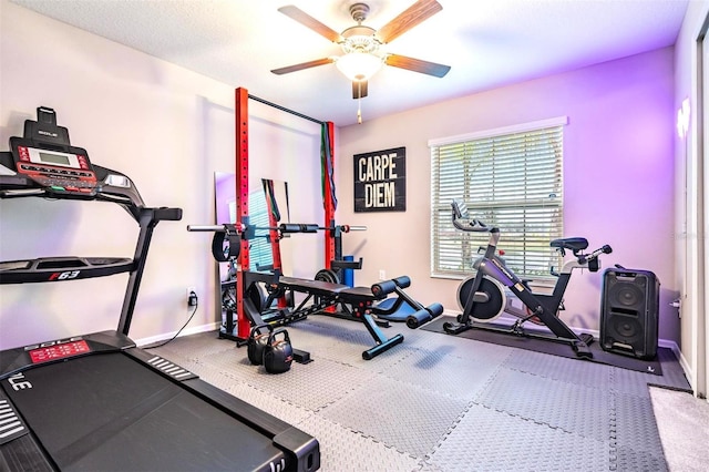 9805 Lemon Drop Loop, Sun City Center, FL 33573 - exercise area with baseboards, a ceiling fan, and carpet floors