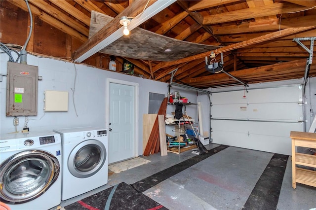 interior space with electric panel, separate washer and dryer, and a garage door opener