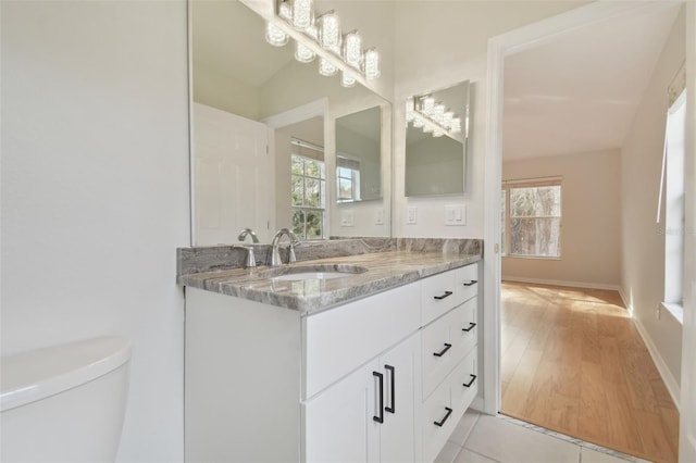 bathroom featuring hardwood / wood-style flooring, vanity, and toilet