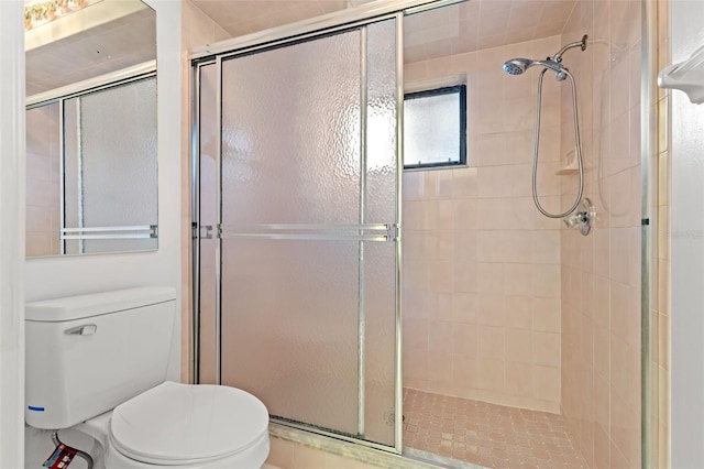 bathroom featuring a shower with shower door and toilet