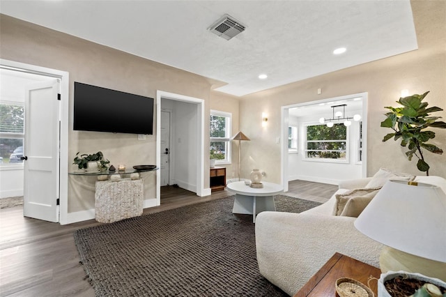 living room featuring a wealth of natural light and dark hardwood / wood-style floors