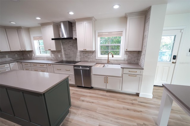 kitchen with wall chimney exhaust hood, sink, white cabinetry, black electric cooktop, and stainless steel dishwasher