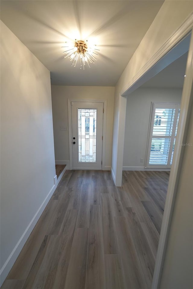 entryway featuring a healthy amount of sunlight, dark wood-type flooring, and a chandelier