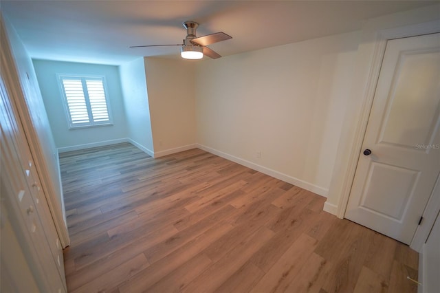 empty room featuring ceiling fan and light hardwood / wood-style floors