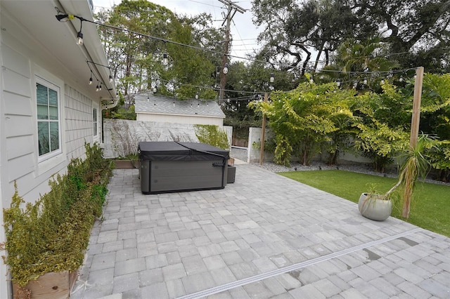 view of patio featuring a hot tub