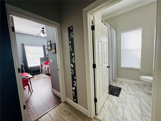 hall with light wood-type flooring and ornamental molding