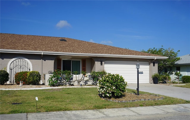 single story home with a garage and a front yard