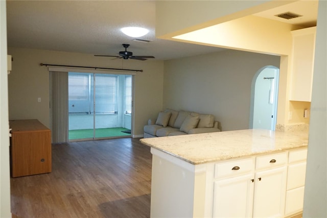 kitchen with dark wood-type flooring, light stone counters, a textured ceiling, ceiling fan, and white cabinets