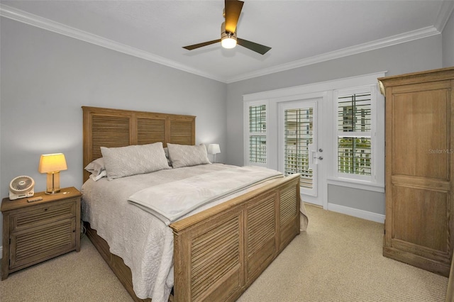 bedroom featuring light carpet, access to exterior, crown molding, and ceiling fan