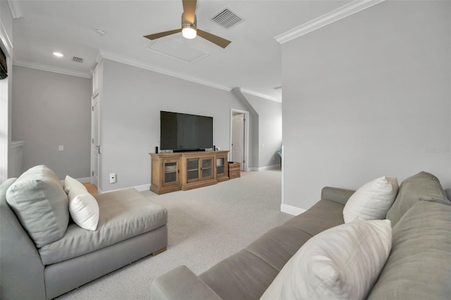 carpeted living room with crown molding and ceiling fan