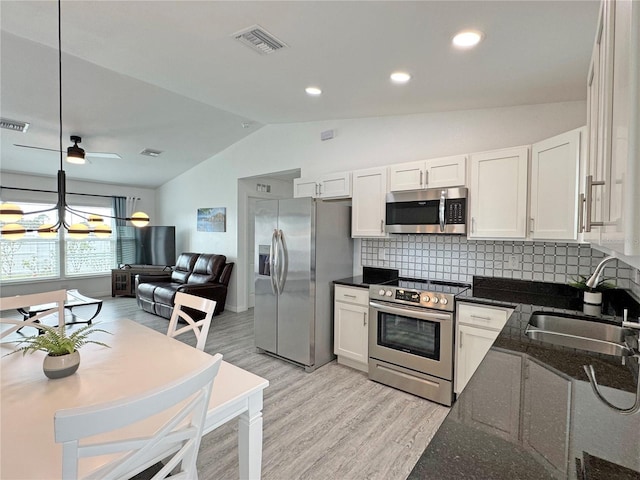 kitchen featuring appliances with stainless steel finishes, sink, white cabinets, and backsplash