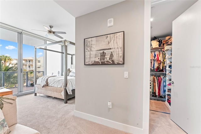 bedroom featuring light carpet, a spacious closet, a wall of windows, and a closet