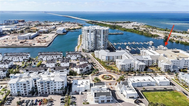 drone / aerial view with a water view