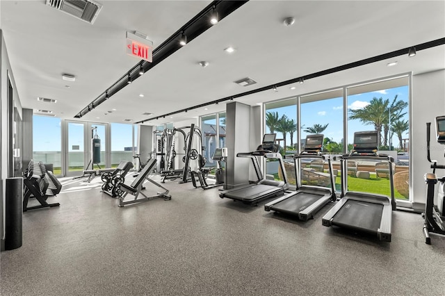 exercise room featuring expansive windows, a water view, and plenty of natural light