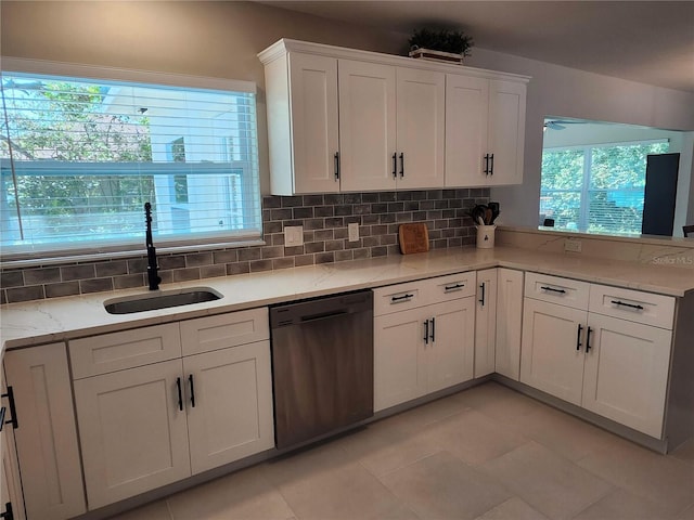 kitchen with tasteful backsplash, stainless steel dishwasher, a sink, and white cabinets