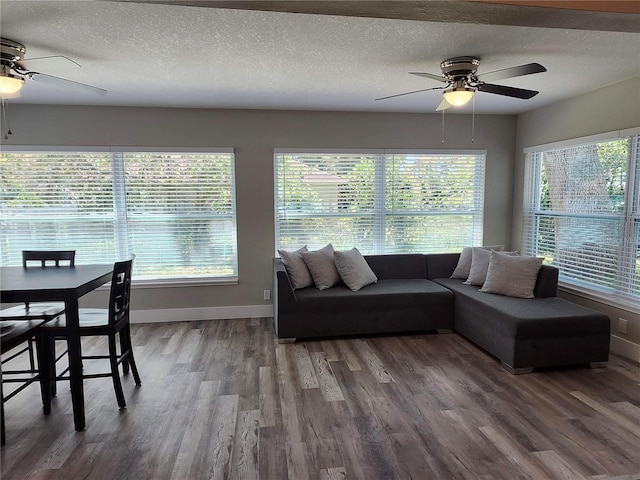 living room featuring a textured ceiling, a ceiling fan, and wood finished floors