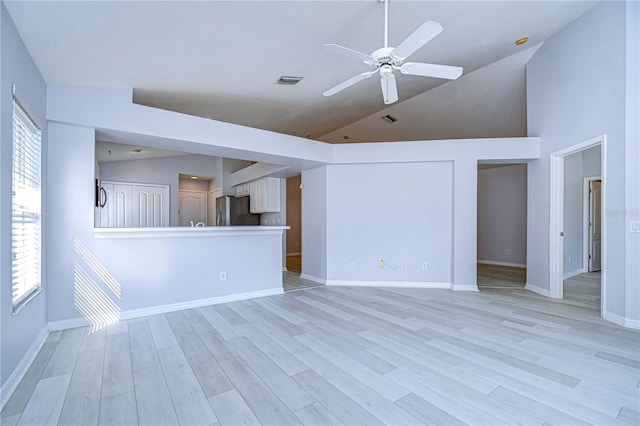 unfurnished living room featuring light wood-style floors, visible vents, ceiling fan, and baseboards