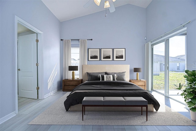 bedroom with access to outside, high vaulted ceiling, wood finished floors, and baseboards