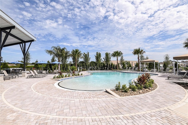 view of swimming pool featuring a patio area and a gazebo