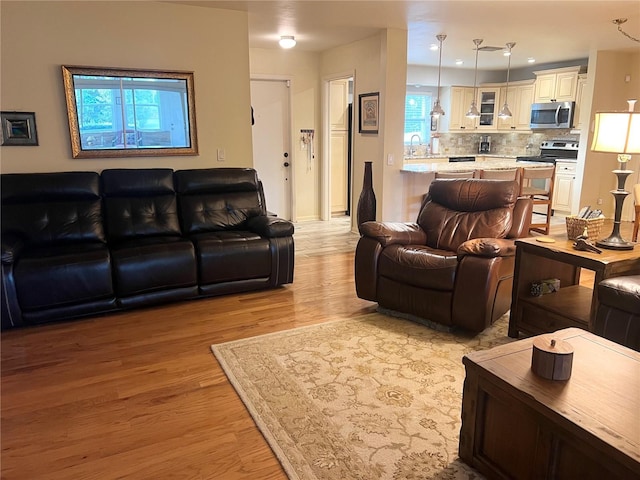 living room featuring sink and light hardwood / wood-style flooring